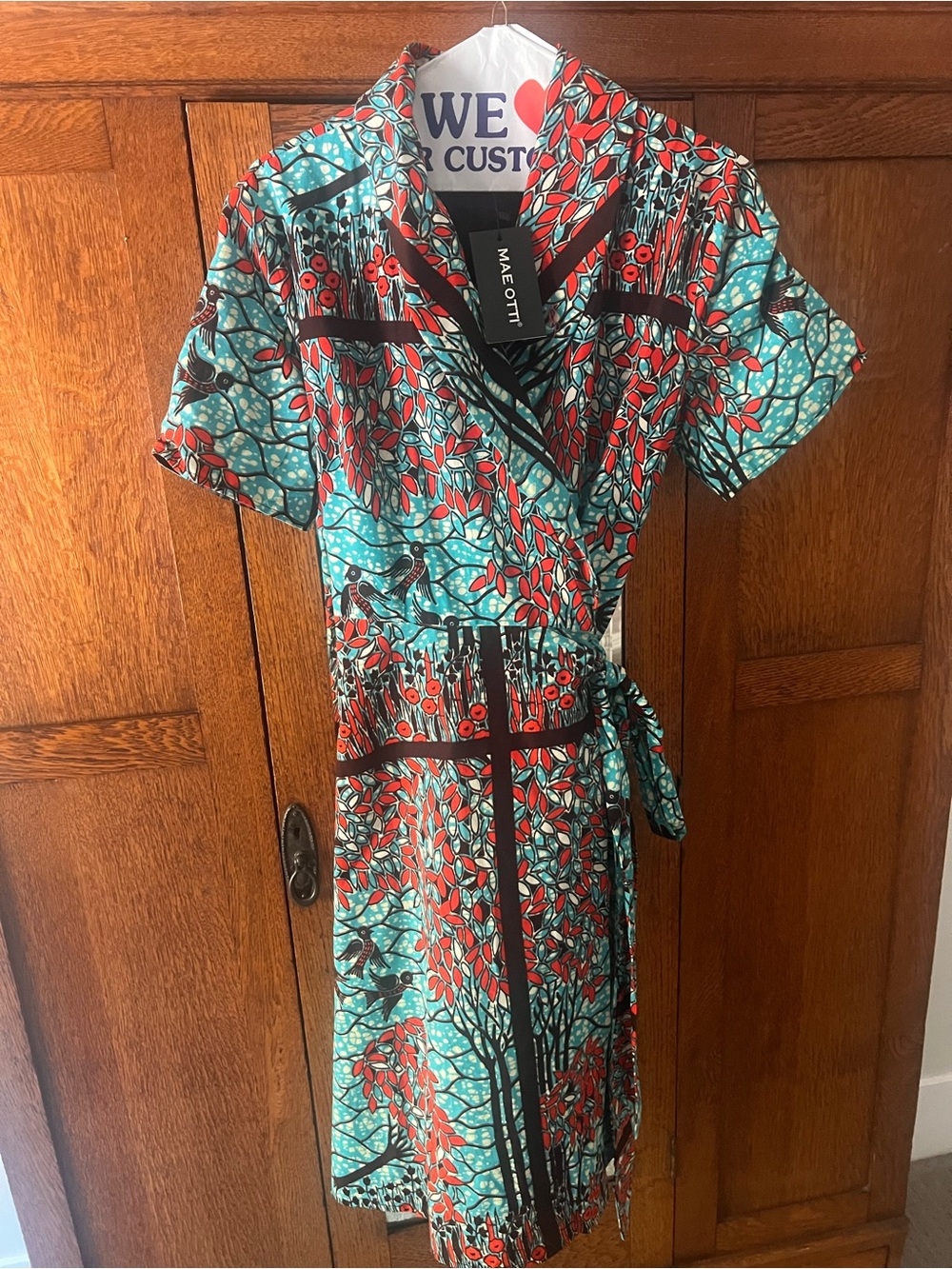 Mae Ott Turquoise & Red Botanical Wrap Midi Dress